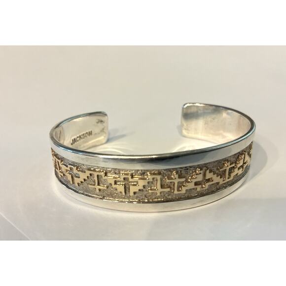 Navajo Signed Tommy Jackson Sterling , 14k Gold Overlay Design Cuff Bracelet 42g - Picture 1 of 14